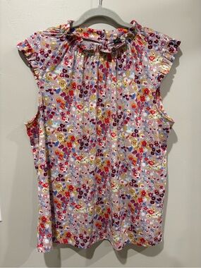 Adrianna Papell Pink Floral Ruffle Neck Sleeveless Top